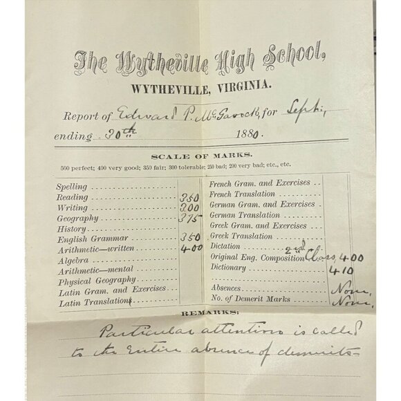 Antique 1880 Wytheville High School Student Report Card William Meade McGavock - Picture 2 of 4